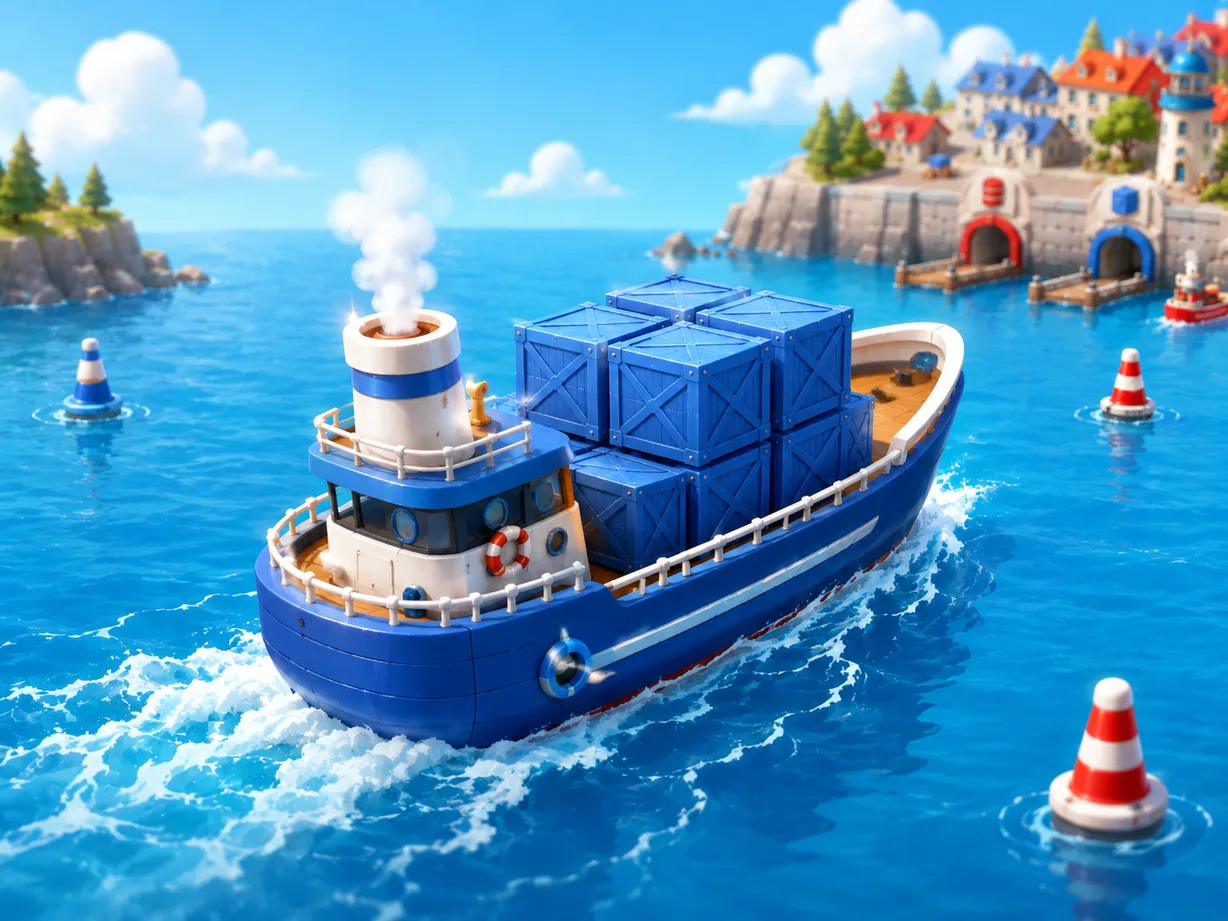 Blue cargo ship sailing through the harbor